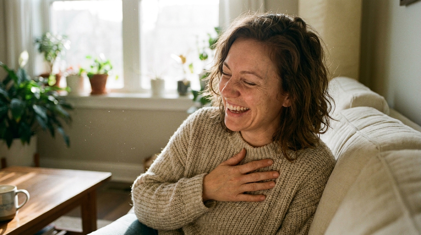 A woman laughing with relief on her sofa in morning light