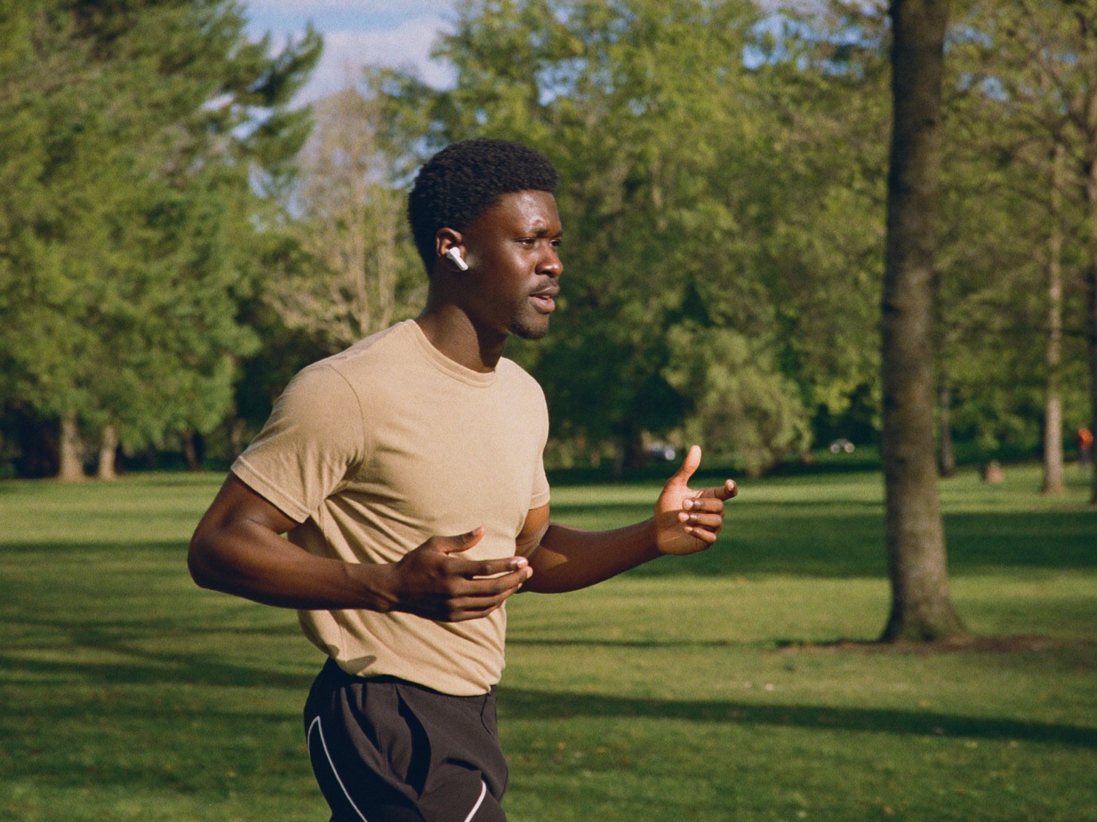A man talking to Steady on a sunny walk